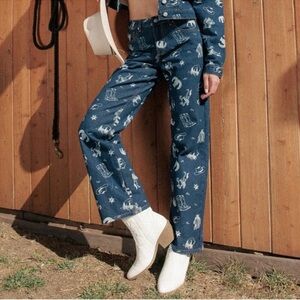 Women's Blue Printed Straight Leg Pants